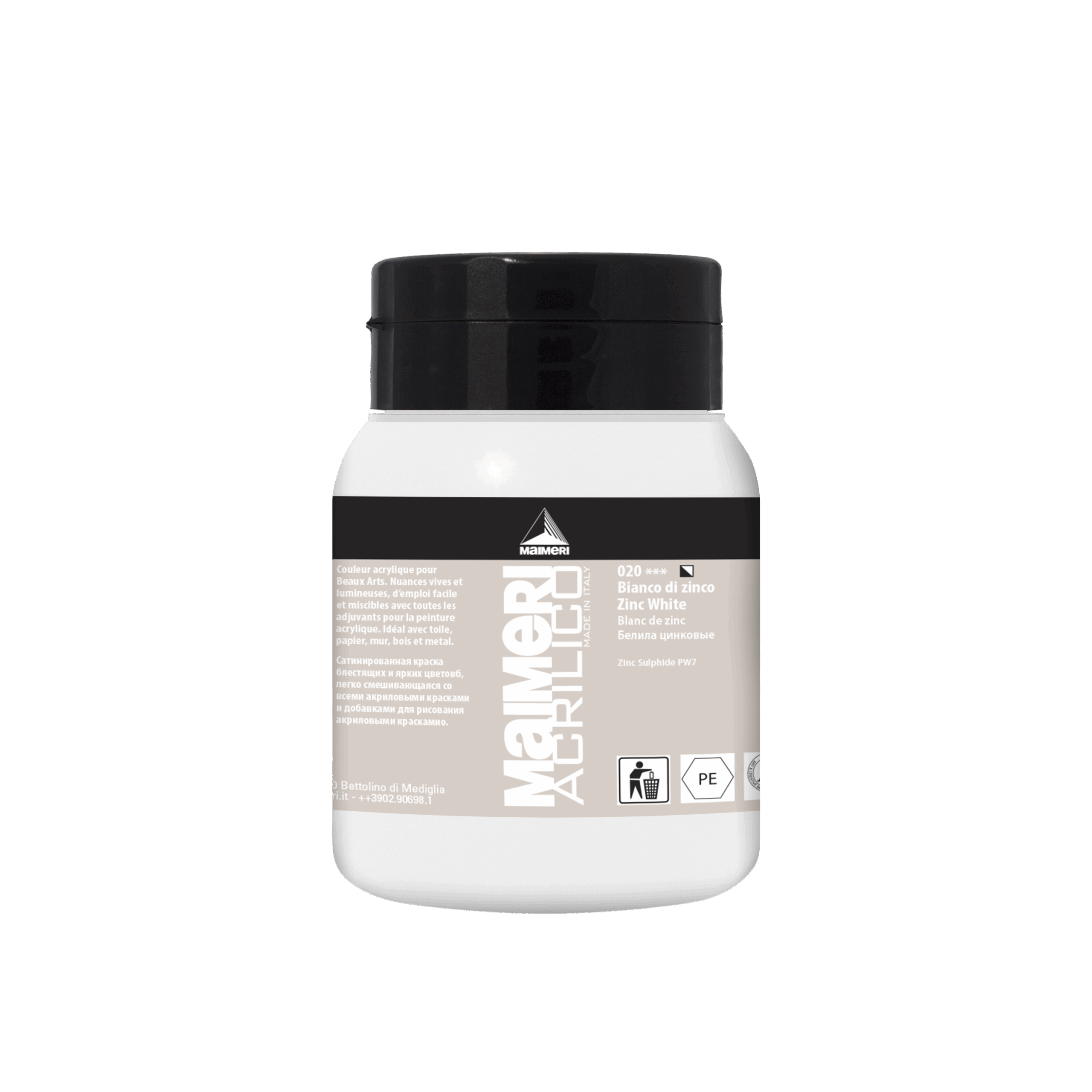 500 ml bøtte med Maimeri Acrilico Zinc White akrylmaling, hvit farge, høy tetthet, semi-transparent