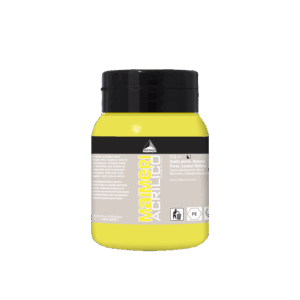 Flaske med Maimeri Acrilico akrylmaling, farge Perm Yellow Lemon, 500 ml, smørig konsistens, semi-transparent, egnet for pensel og malekniv.