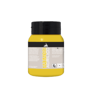 Flaske med Maimeri Acrilico akrylmaling, farge Perm Yellow Medium, 500 ml, smørig konsistens, semi-transparent, egnet for pensel og malekniv.