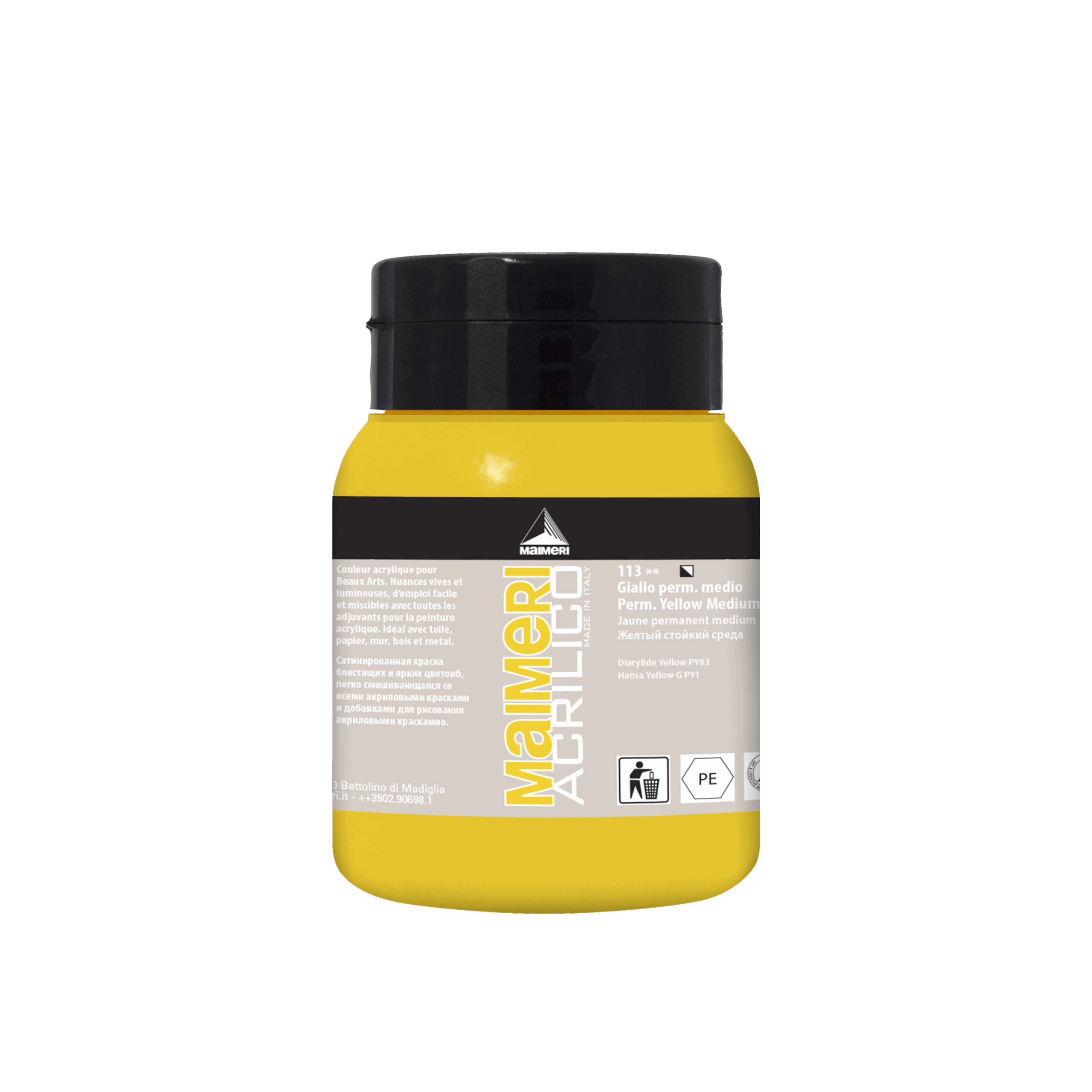 Flaske med Maimeri Acrilico akrylmaling, farge Perm Yellow Medium, 500 ml, smørig konsistens, semi-transparent, egnet for pensel og malekniv.