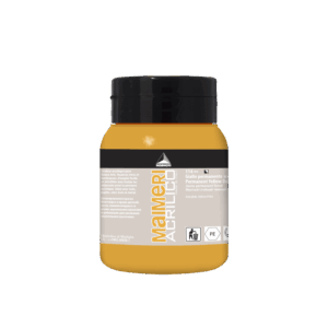 Flaske med Maimeri Acrilico akrylmaling, farge Perm Yellow Deep, 500 ml, smørig konsistens, semi-transparent, egnet for pensel og malekniv.