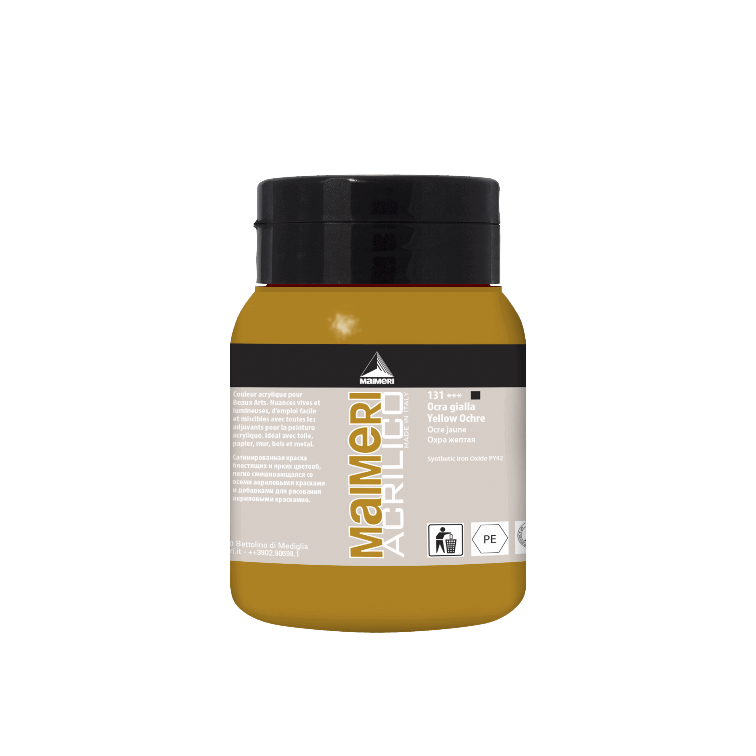 500 ml bøtte med Maimeri Acrilico Yellow Ochre akrylmaling, sterk gul farge, ugjennomsiktig, høy tetthet