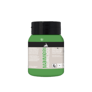 Flaske med Maimeri Acrilico akrylmaling, farge Permanent Green Light, 500 ml, smørig konsistens, semi-transparent, egnet for pensel og malekniv.