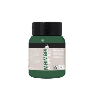 Flaske med Maimeri Acrilico akrylmaling, farge Permanent Green Deep, 500 ml, smørig konsistens, gjennomsiktig, egnet for pensel og malekniv.