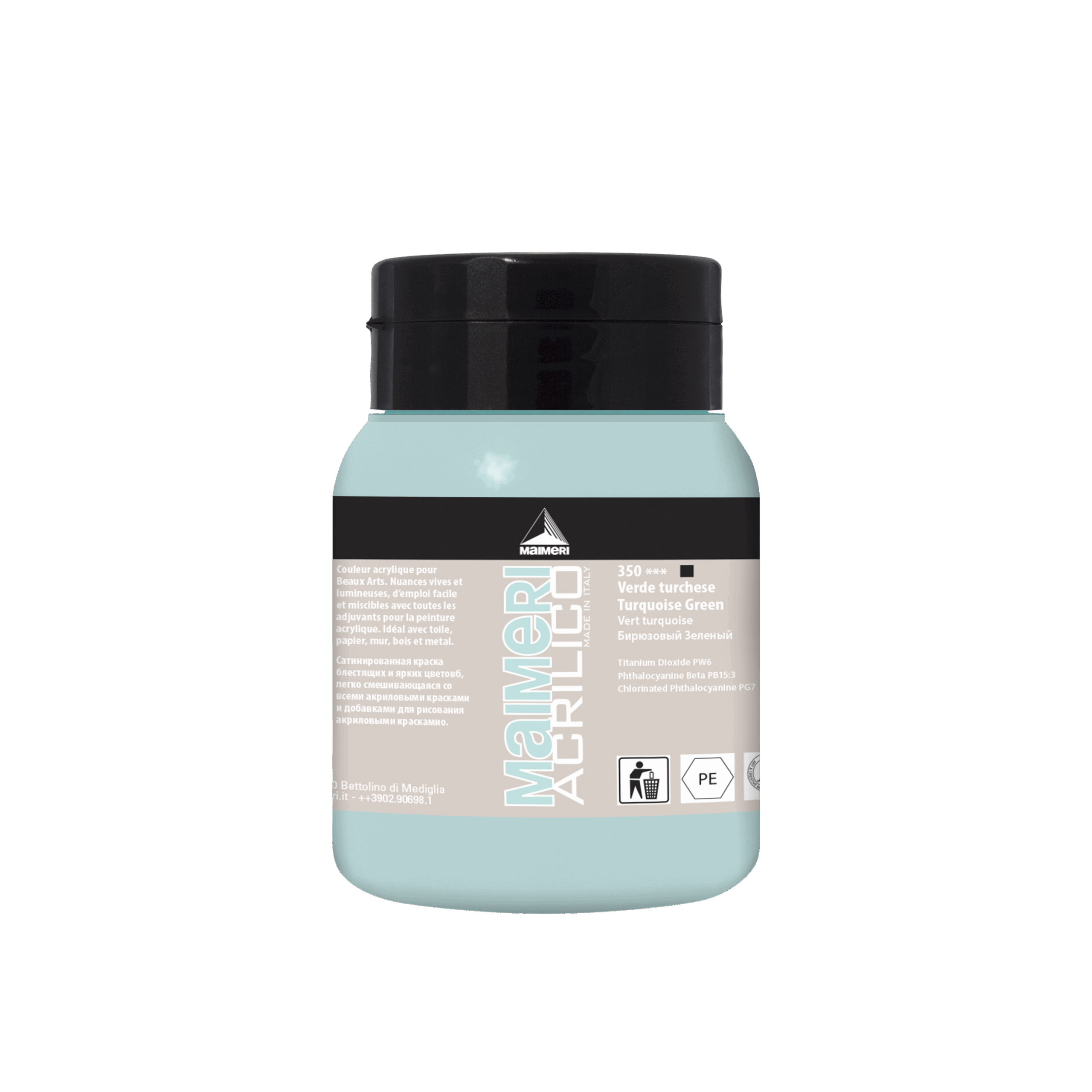 Boks med Maimeri Acrilico akrylmaling, farge Turquoise Green, 500 ml, smørig konsistens, ugjennomsiktig, egnet for pensel og malekniv.