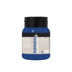 Boks med Maimeri Acrilico akrylmaling, farge Primary Blue – Cyan, 500 ml, smørig konsistens, semi-ugjennomsiktig, egnet for pensel og malekniv.