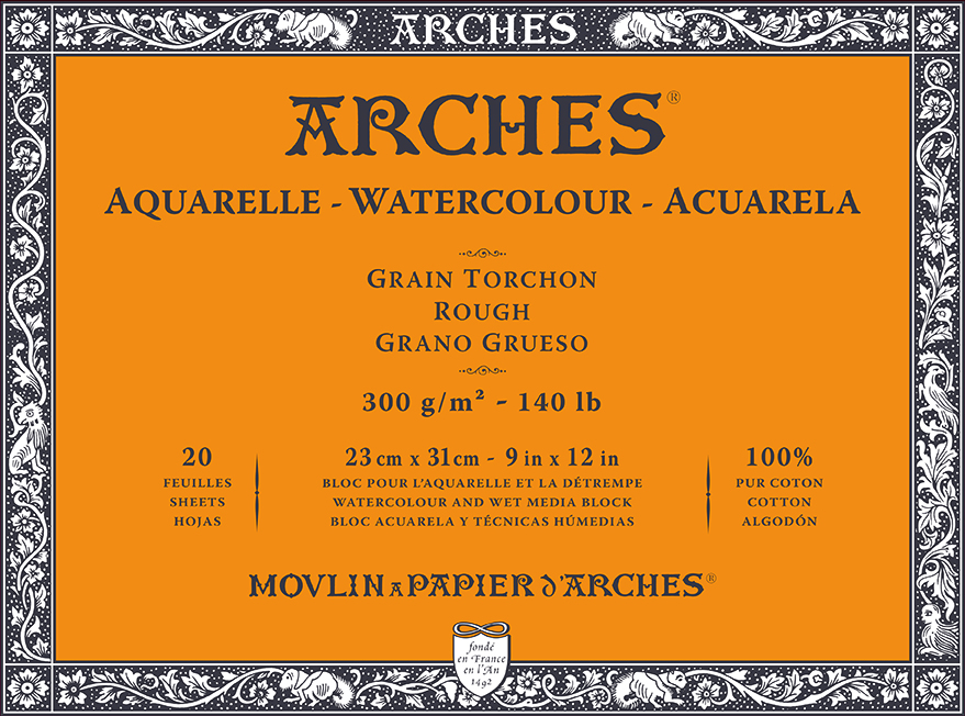 Arches akvarellblokk, 300 g/m², grov struktur 20 ark i størrelse 23 × 31 cm