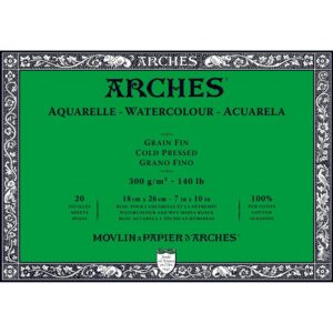 Arches Aquarelle akvarellblokk 18 x 26 cm, 300 g/m², fin struktur, 20 ark, 100 % bomull