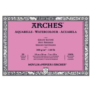 Arches Aquarelle Grain Satiné akvarellblokk 18 x 26 cm, 300 g/m², glatt overflate, 20 ark
