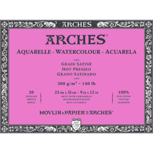 Arches Aquarelle Grain Satiné akvarellblokk 23 x 31 cm, 300 g/m², glatt overflate, 20 ark