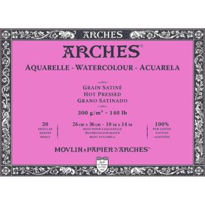 Arches Aquarelle Grain Satiné akvarellblokk 26 x 36 cm, 300 g/m², glatt overflate, 20 ark