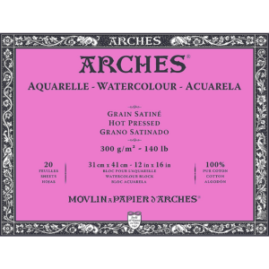 Arches Aquarelle Grain Satiné akvarellblokk 31 x 41 cm, 300 g/m², glatt overflate, 20 ark