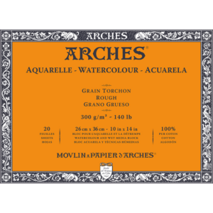 Arches Aquarelle akvarellblokk 26 x 36 cm, 300 g/m², grov struktur, 20 ark, 100 % bomull
