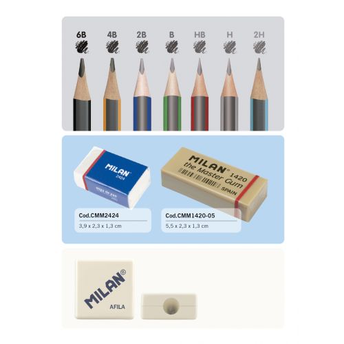 MILAN 7 Grafittblyanter 2 Viskelær & Spisser Metallboks Sett - Bilde 2
