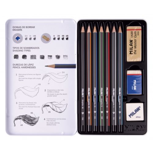 MILAN 7 Grafittblyanter 2 Viskelær & Spisser Metallboks Sett - Bilde 3