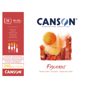 Canson Figueras oljemalingsblokk med 10 ark lerretsstrukturert papir på 290 g/m² i formatet 24 × 33 cm.