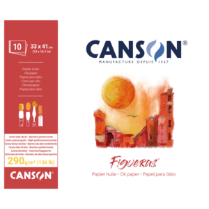 Canson Figueras oljemalingsblokk med 10 ark lerretsstrukturert papir på 290 g/m² i formatet 33 × 41 cm.