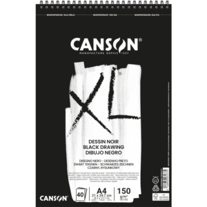 Canson XL Dessin Noir A4 svart skisseblokk med 40 ark tegnepapir på 150 g/m² og spiralinnbinding.