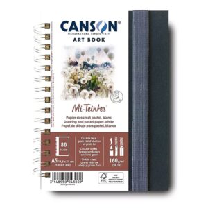 Canson Mi-Teintes Art Book A5 skissebok med hvitt, strukturert tegnepapir på 160 g/m², spiralinnbinding og hardt omslag.