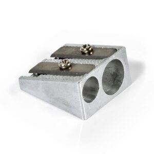 Dobbel blyantspisser i børstet aluminium med to hull og skrublader for ulike blyanter.