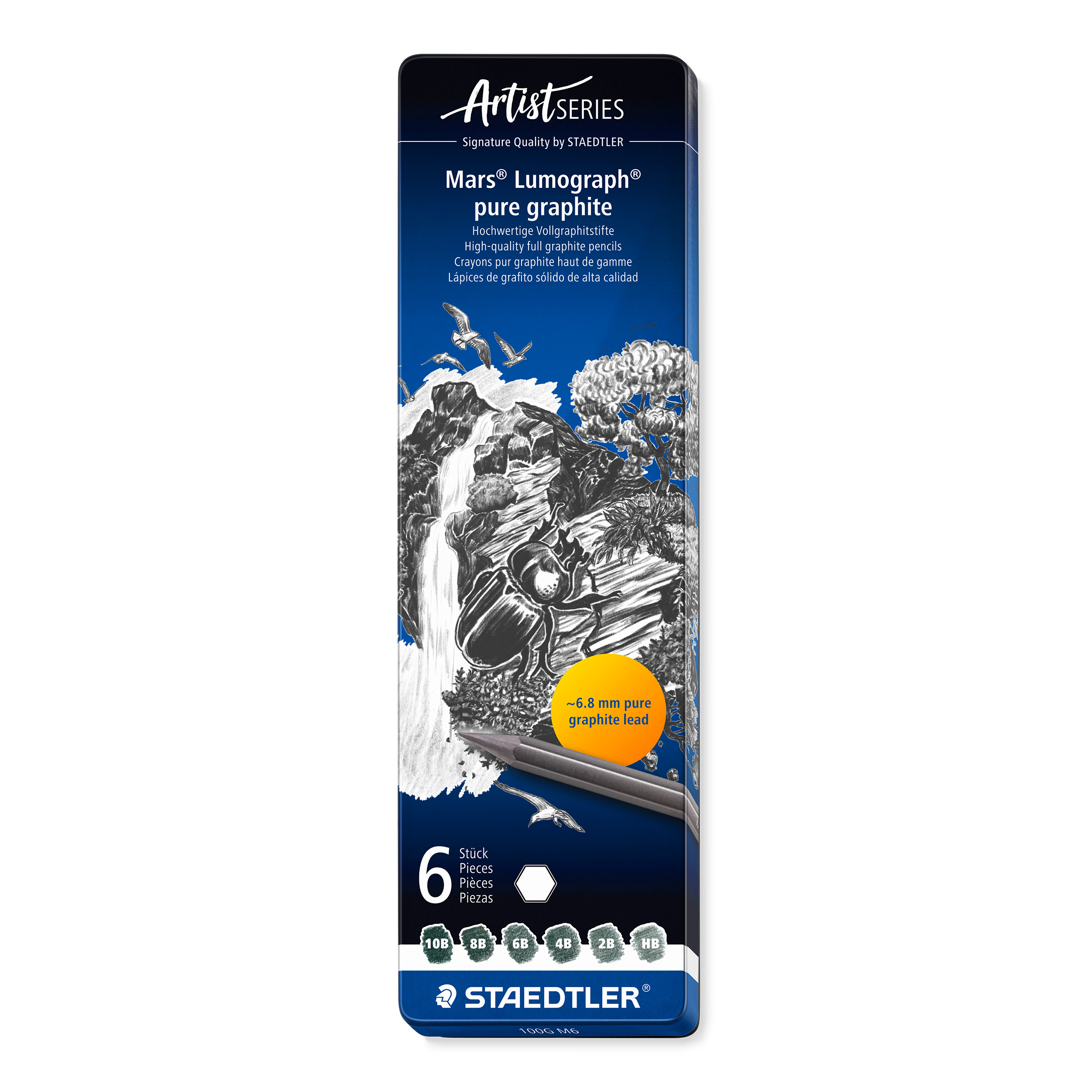 Staedtler Mars Lumograph 100GM6 grafittsett med seks profesjonelle tegneblyanter i metallskrin.