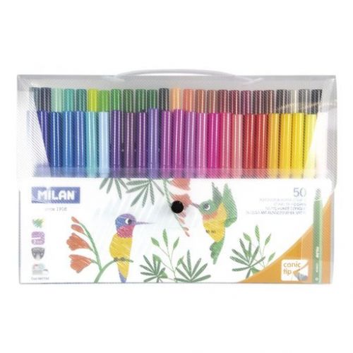 50 MILAN fibertusjpenner med 5 mm konisk spiss i forskjellige farger, levert i bærbart etui med barnevennlig design.
