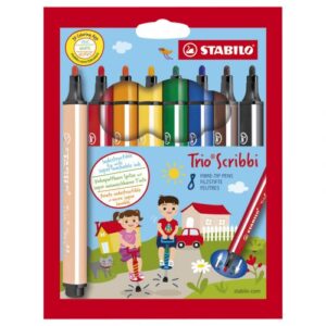 STABILO Trio Scribbi 8 viltstifter med trekantet ergonomisk grep og fjærende spiss for barn.