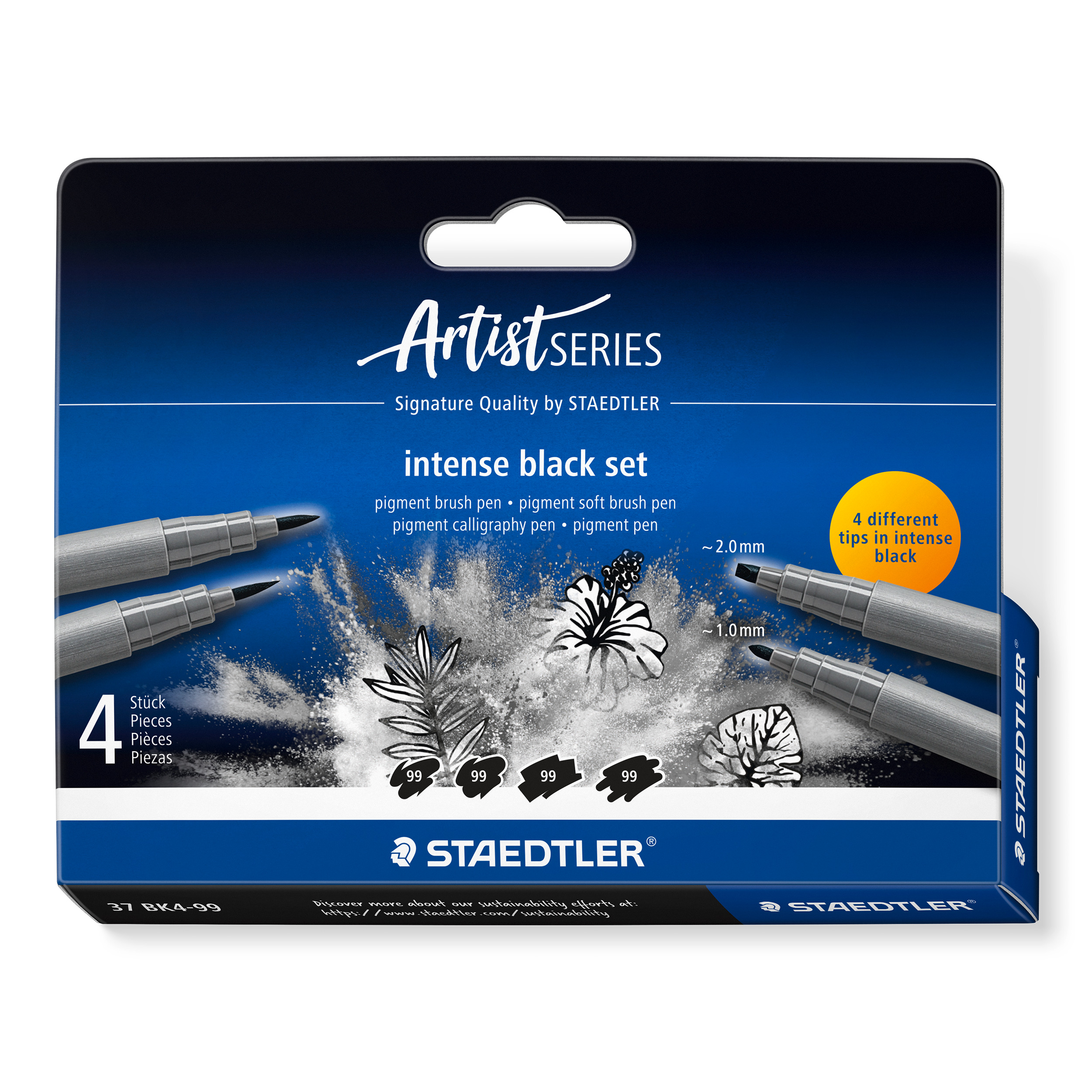 Staedtler Brush Pen Black Set 4stk med fire ulike tupper for illustrasjon og lineart