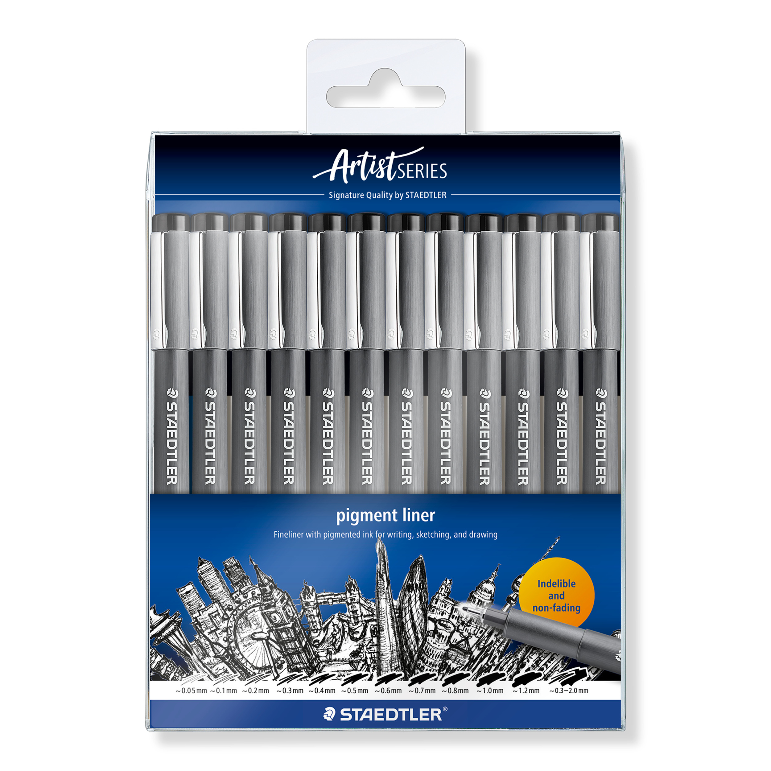 staedtler‑308‑9‑tb12 pigment liner 12 fineliners i assorterte strekbredder svart blekk