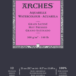 Arches Aquarelle Grain Satine 300 g A4 akvarellpapir, glatt satin-overflate, 100 % bomull, ideelt for akvarell og gouache