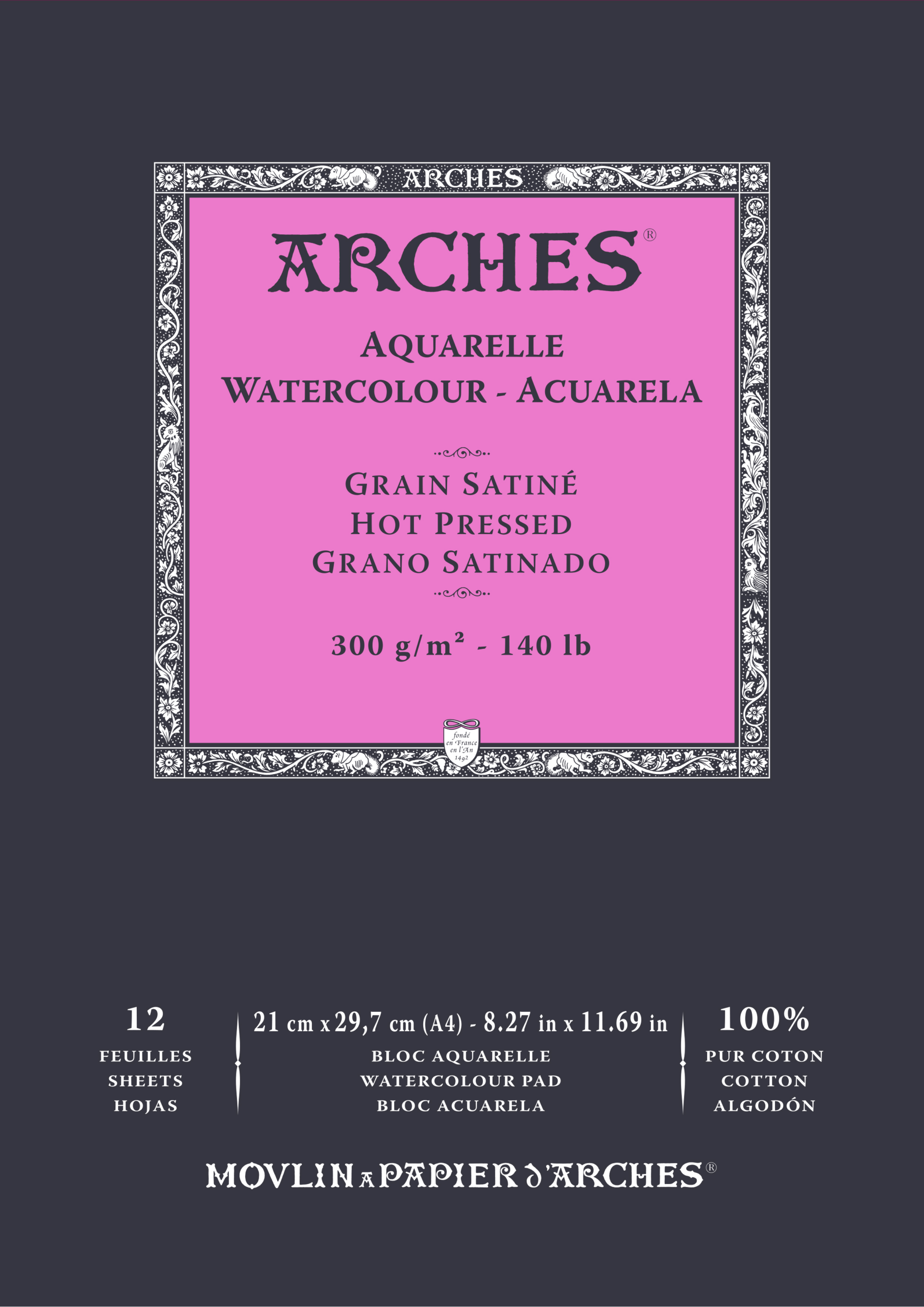Arches Aquarelle Grain Satine 300 g A4 akvarellpapir, glatt satin-overflate, 100 % bomull, ideelt for akvarell og gouache
