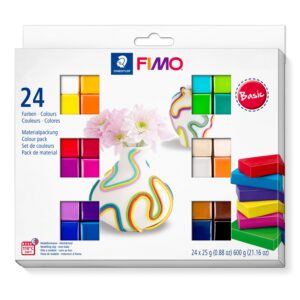 FIMO Soft ovnherdende modellervoks i assorterte basisfarger, 24 halvblokker i kartongboks