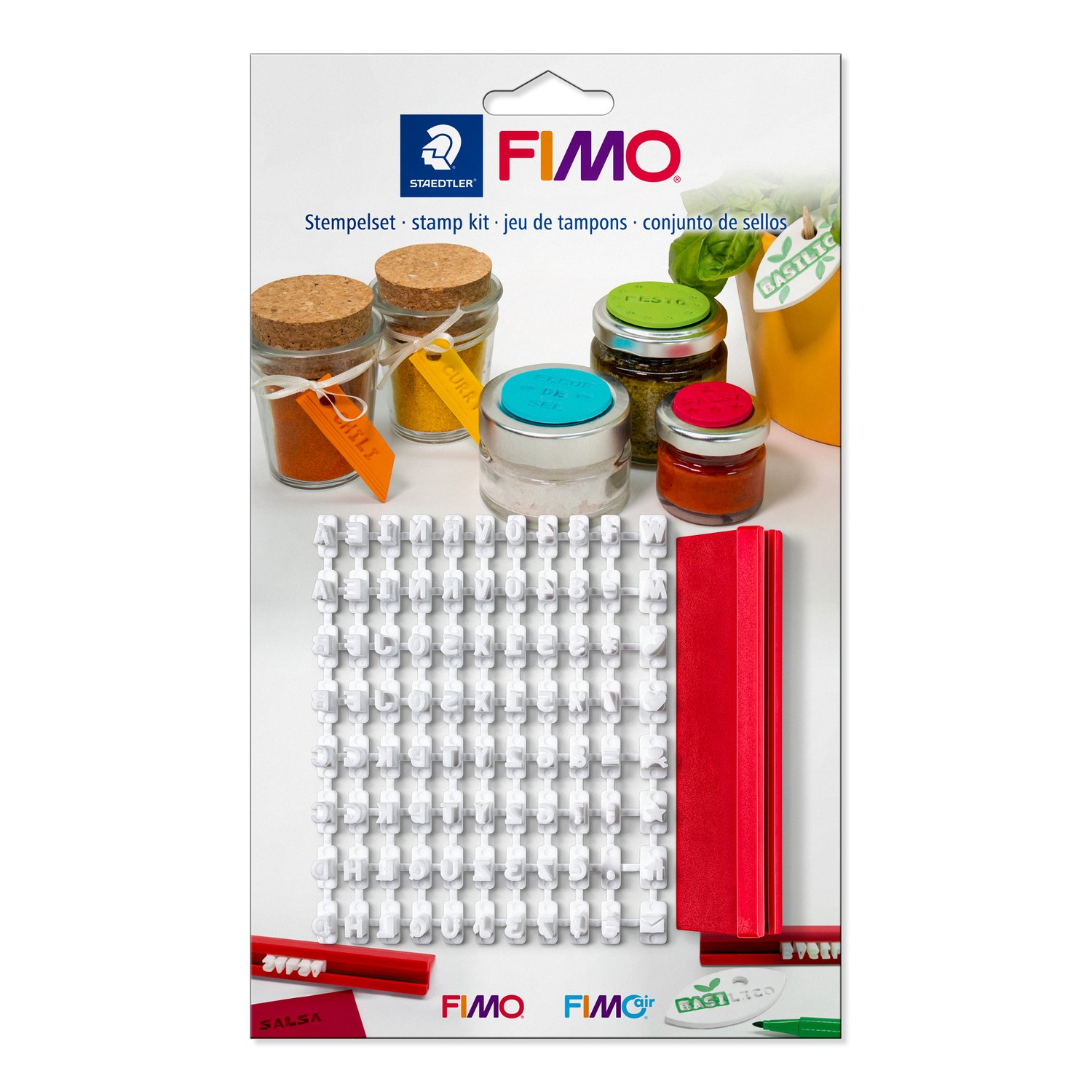 FIMO stempelsett med holder og 88 tegn for personlig dekor på polymerleire