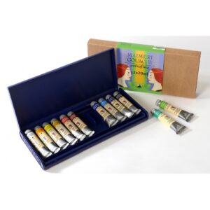 Maimeri Gouache 12×20 ml sett med 12 tuber i plastboks, høypigmenterte farger for illustrasjon og akvarellteknikk