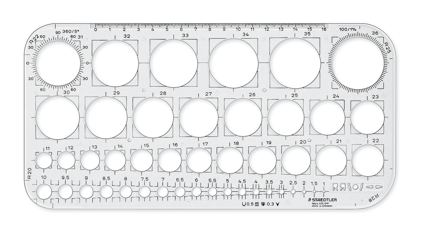 Staedtler Mars 576 01 F sirkelmal for tegning av presise sirkler fra 1–36 mm