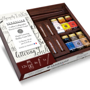 sennelier ink wooden box med 12 flasker à 10 ml kunstnerblekk og tilbehør