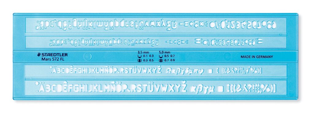 Gjennomsiktig blå STAEDTLER Mars 572 FL lettering guide med bokstavhøyder 3,5 mm og 5 mm