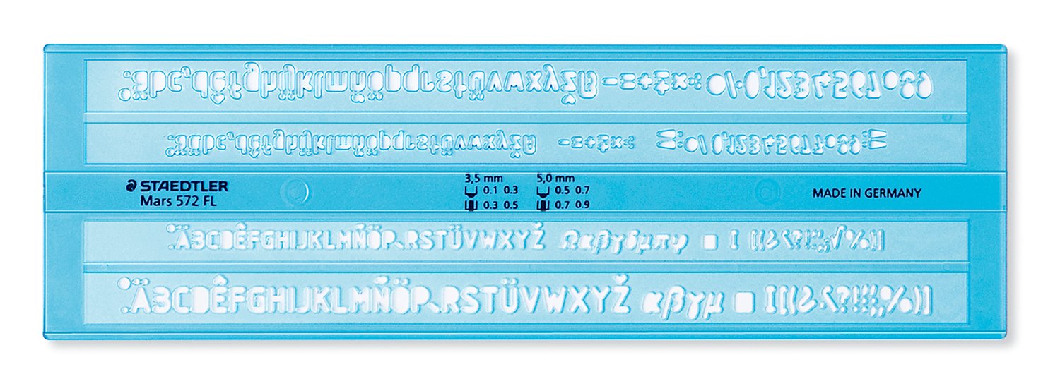Gjennomsiktig blå STAEDTLER Mars 572 FL lettering guide med bokstavhøyder 3,5 mm og 5 mm