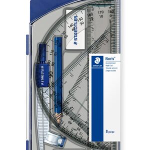 Staedtler Noris 550 skolekompass‑sett med etui, inkludert kompass, blyant, spisser, viskelær, linjal, settskinner og gradskive