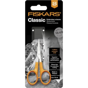 Fiskars Classic broderisaks 10 cm, oransje, ergonomisk og presisjonsklipping
