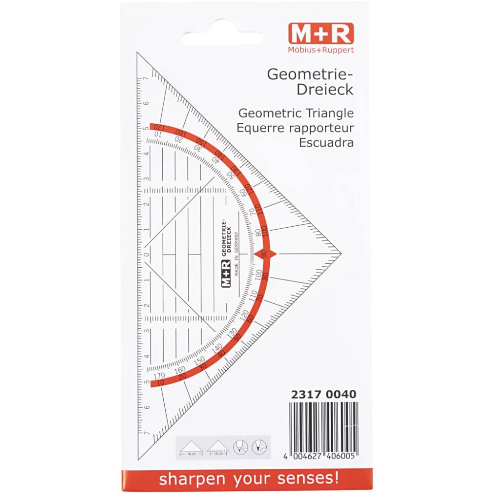 Geometriedreieck 160 mm transparent trekant med gradskala og røde markeringer