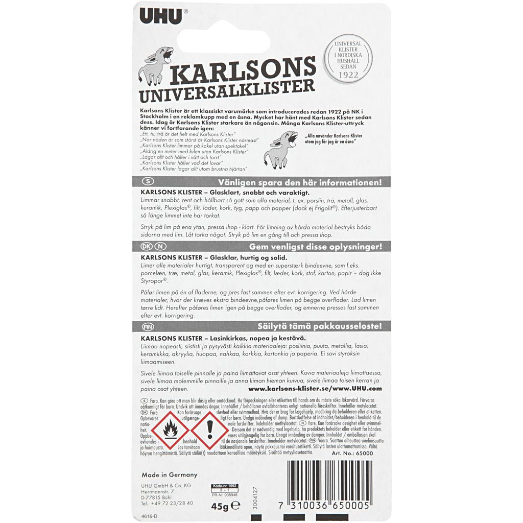 UHU Karlsons Klister 45 g – allsidig lim for skole, hobby og hjemmebruk