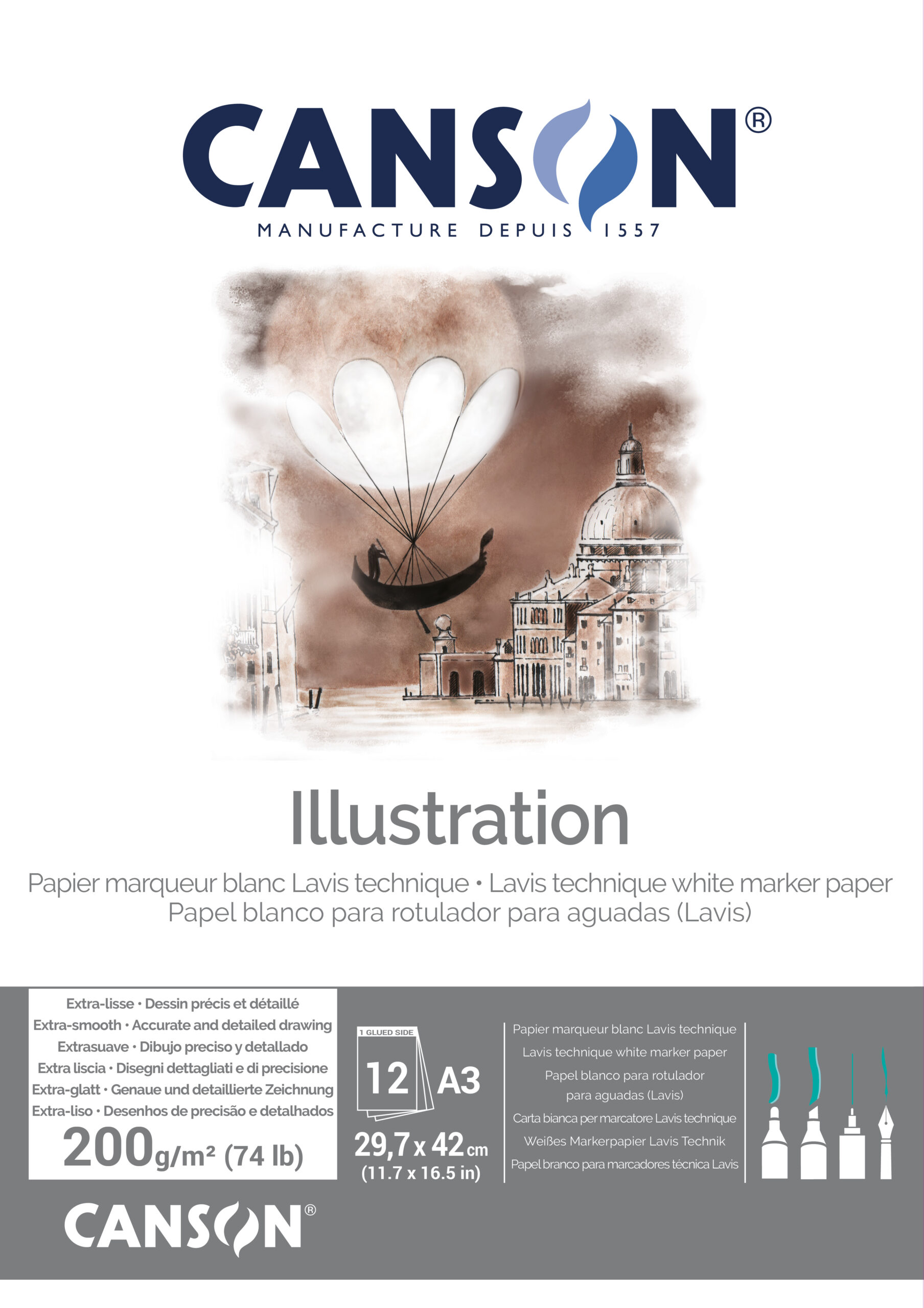 Canson Illustration A3 tegneblokk 200 g glatt illustrasjonspapir for blyant, tusj og blekk