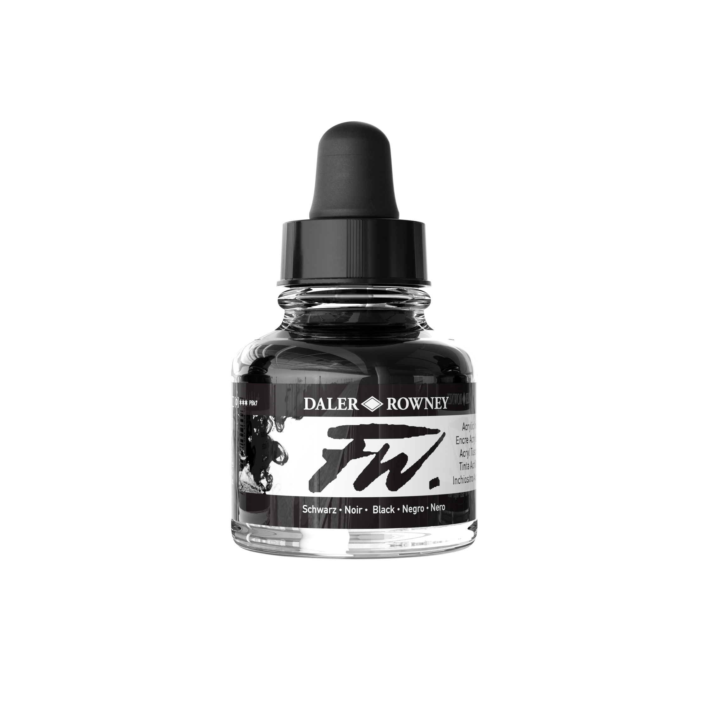 Daler‑Rowney FW Acrylic Ink Black 29,5 ml – pigmentbasert opakt akrylblekk med intens sort farge.