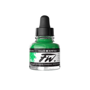 Daler‑Rowney FW Acrylic Ink Emerald Green 29,5 ml – pigmentbasert semiopak akrylblekk med klar grønn farge.