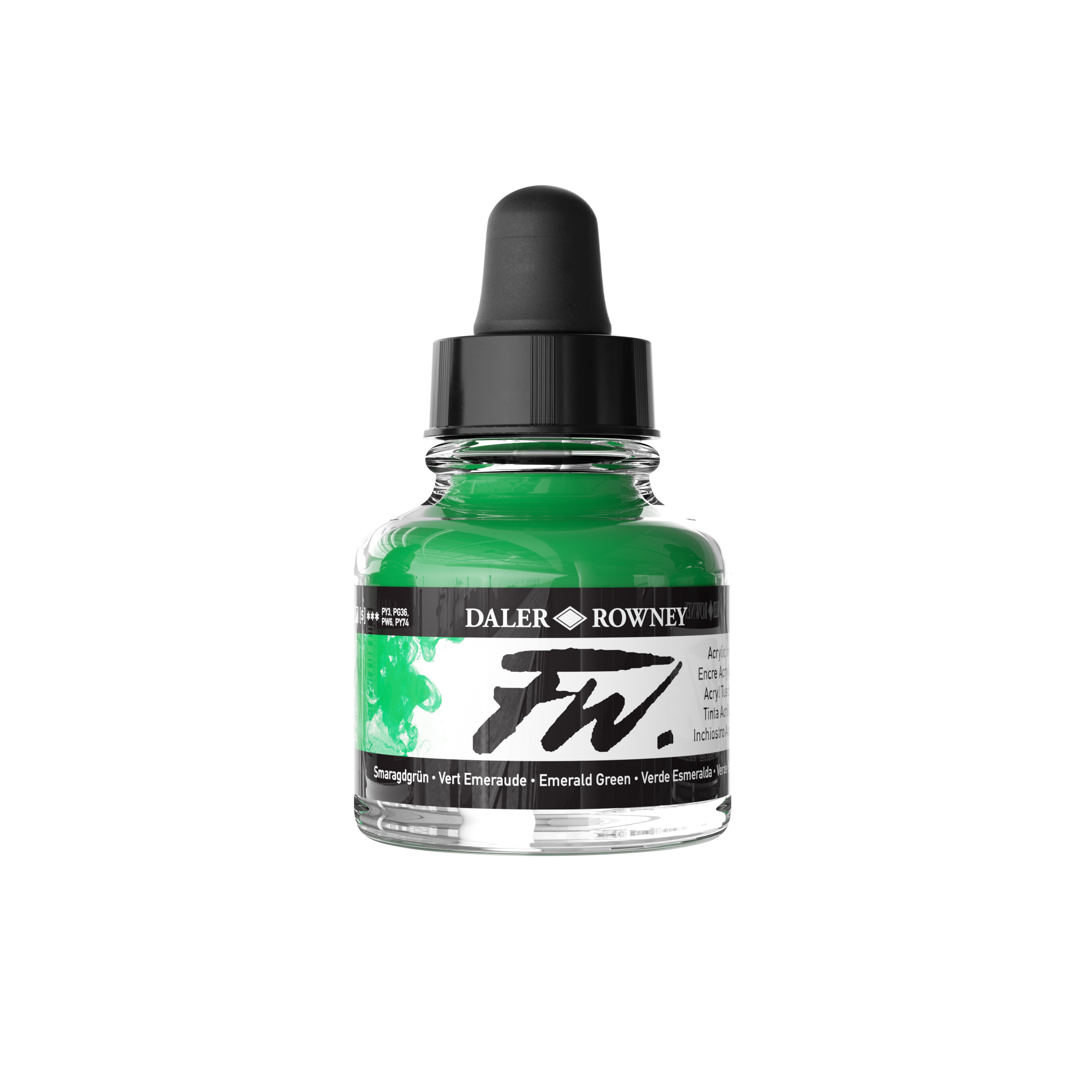 Daler‑Rowney FW Acrylic Ink Emerald Green 29,5 ml – pigmentbasert semiopak akrylblekk med klar grønn farge.