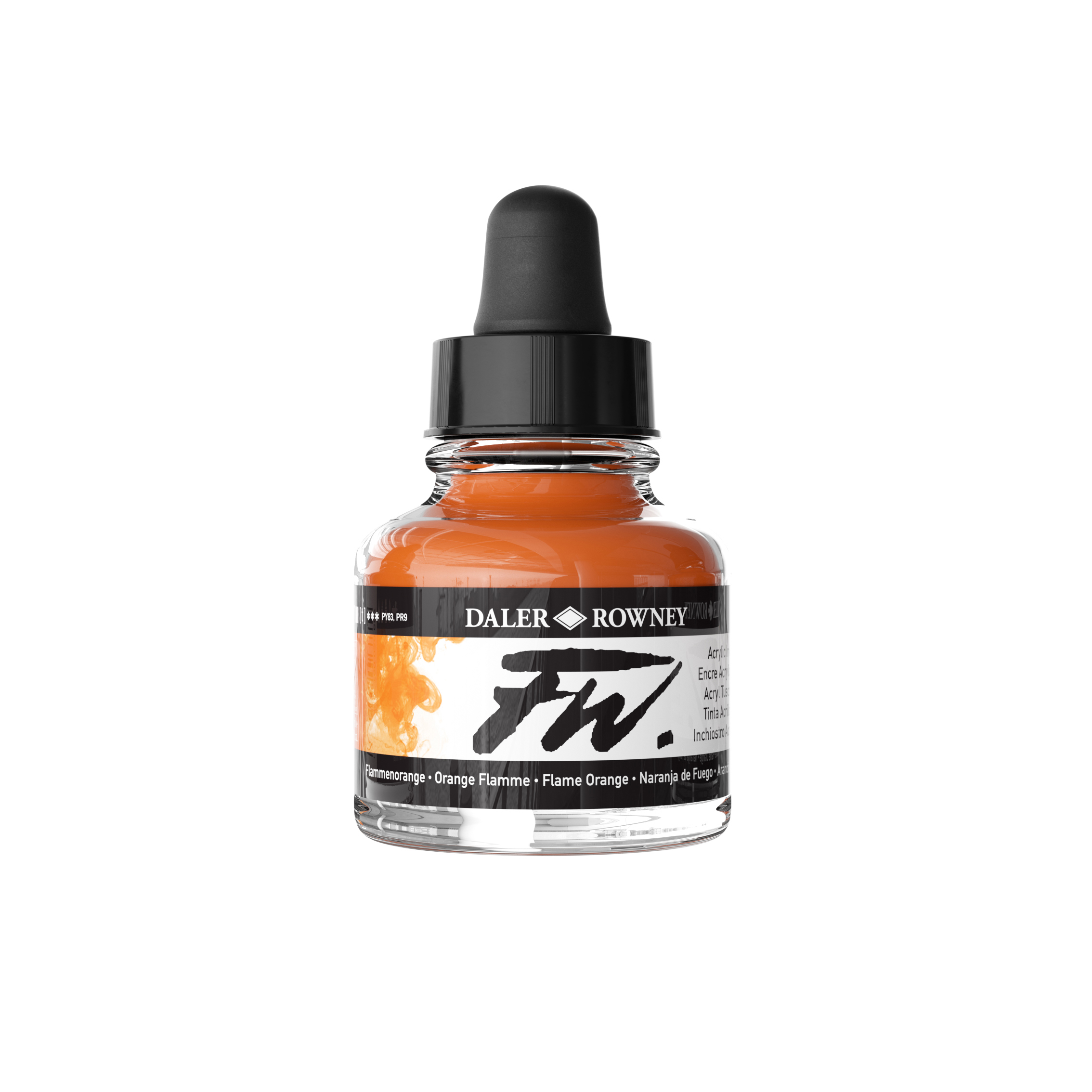 Daler‑Rowney FW Acrylic Ink Flame Orange 29,5 ml – pigmentbasert transparent akrylblekk i varm oransje.