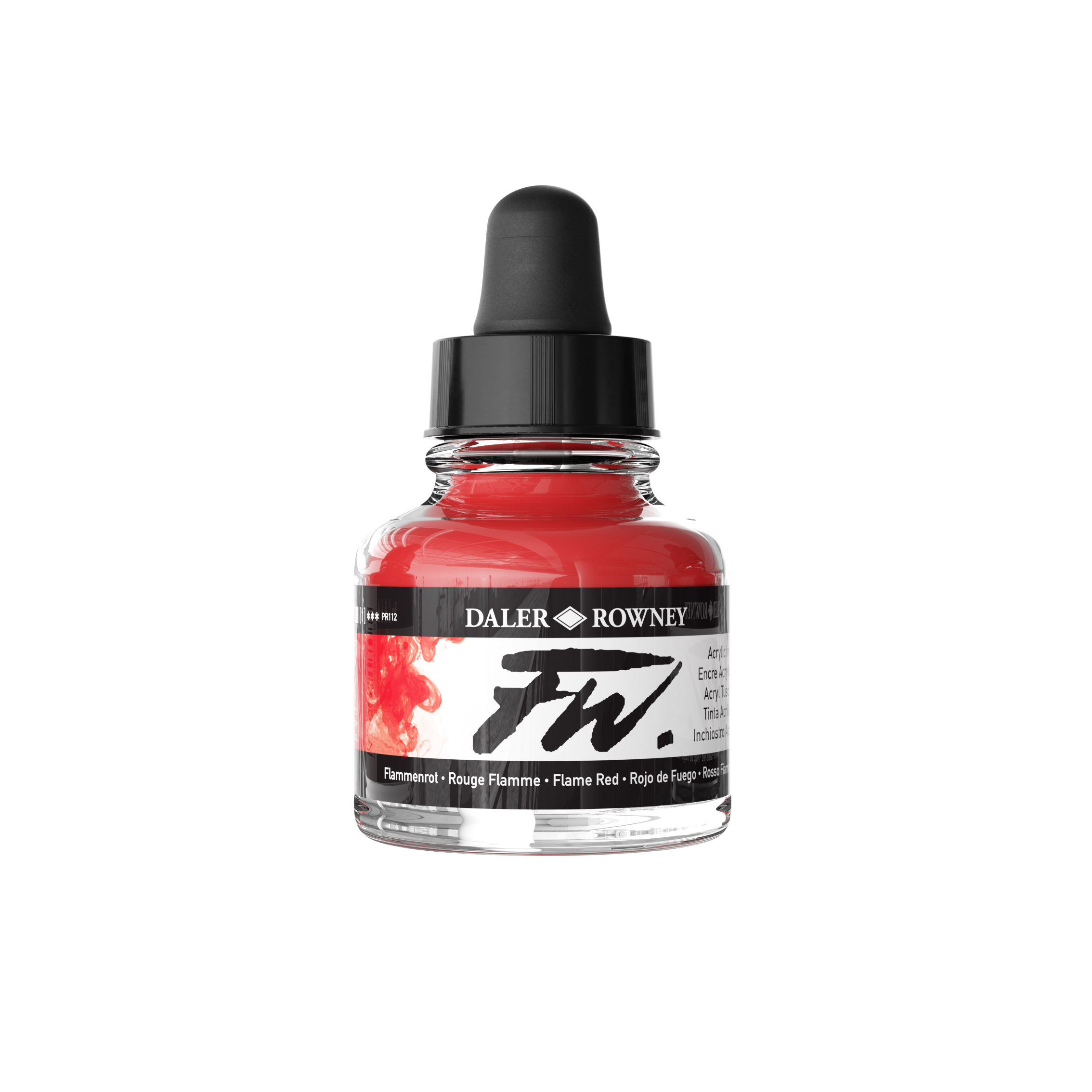 Daler‑Rowney FW Acrylic Ink Flame Red 29,5 ml – pigmentbasert transparent akrylblekk med intens rød farge.