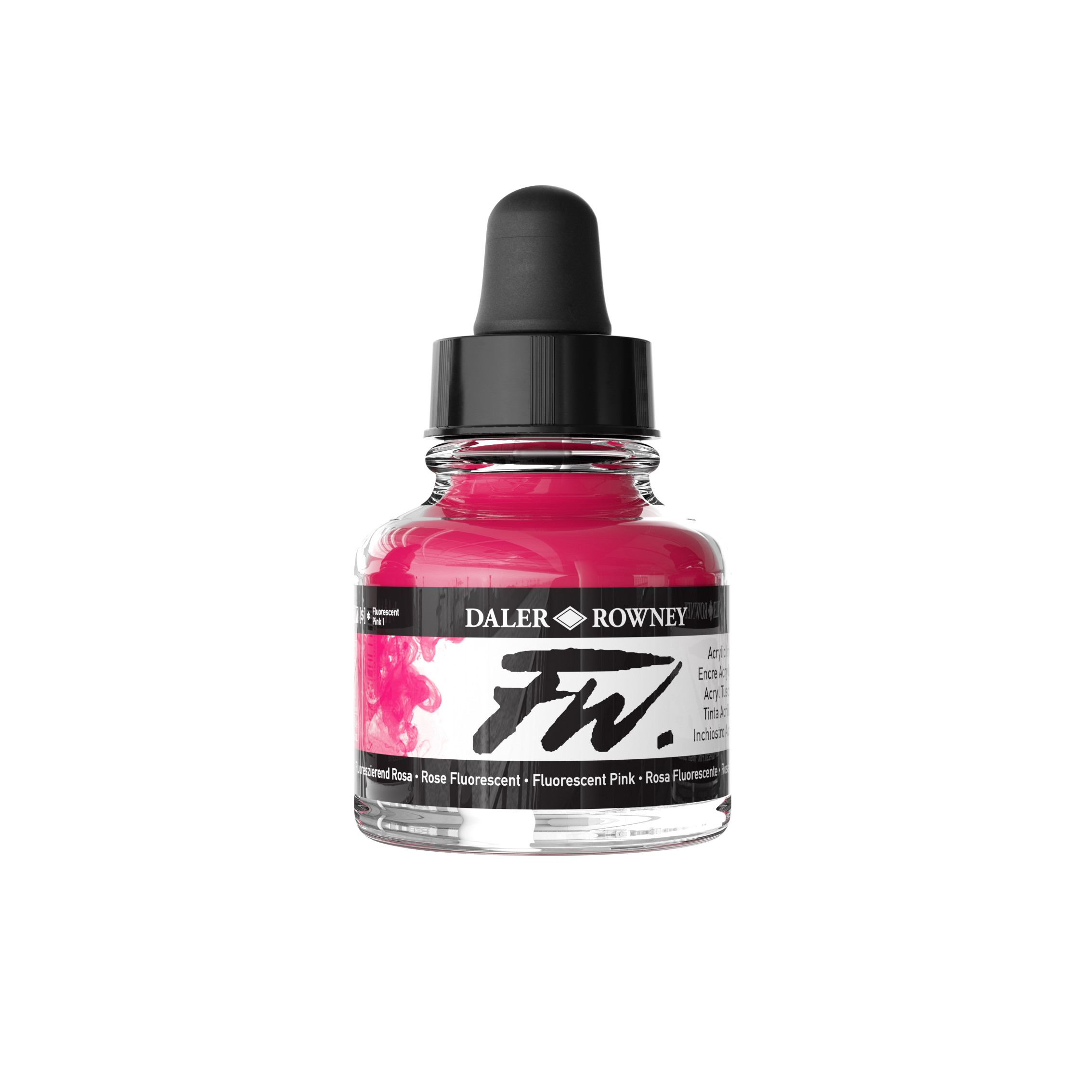 Daler‑Rowney FW Acrylic Ink Fluorescent Pink 29,5 ml – pigmentbasert transparent og lysende rosa akrylblekk.
