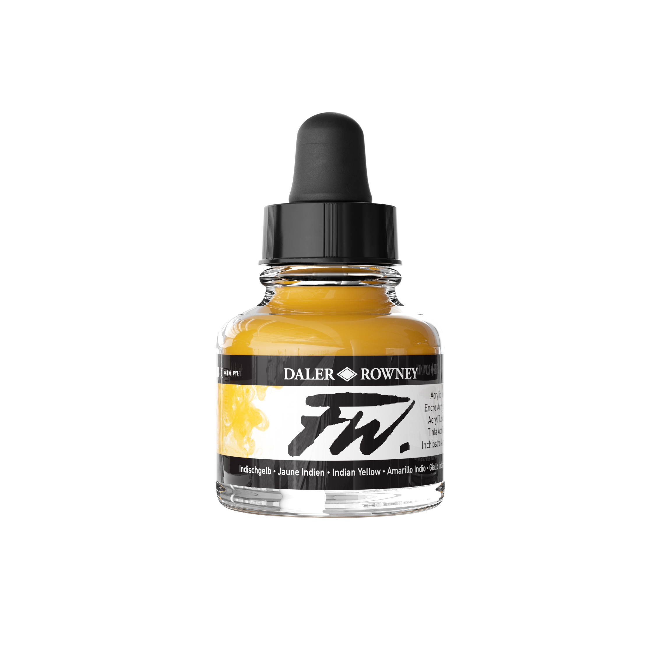 FW Acrylic Ink Indian Yellow 29,5 ml fra Daler‑Rowney – pigmentbasert akrylblekk med klar varm gul farge